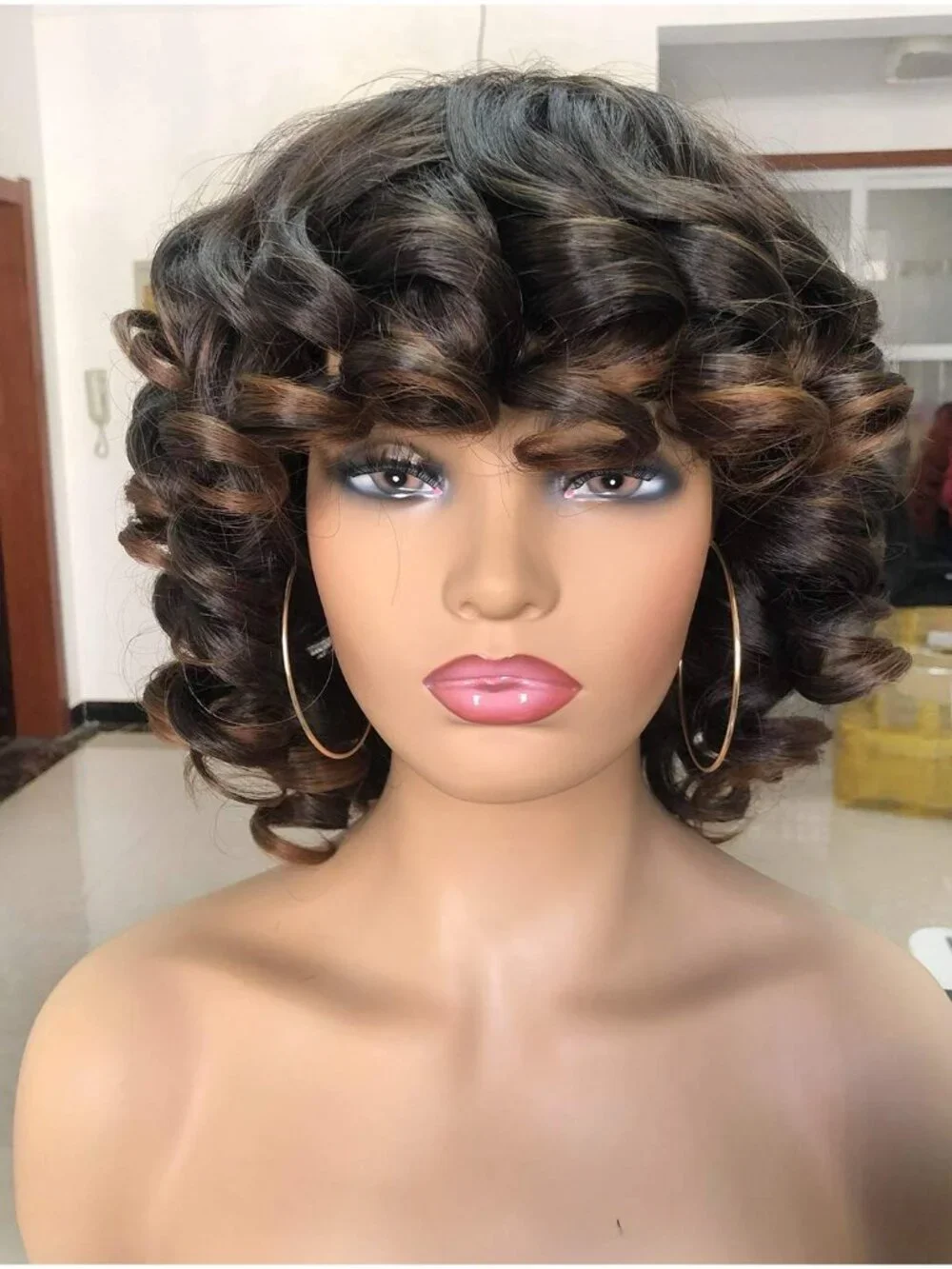 Women Black 14 Inch Ombre Brown Party Cosplay Use For Short Curly Wig With Bangs